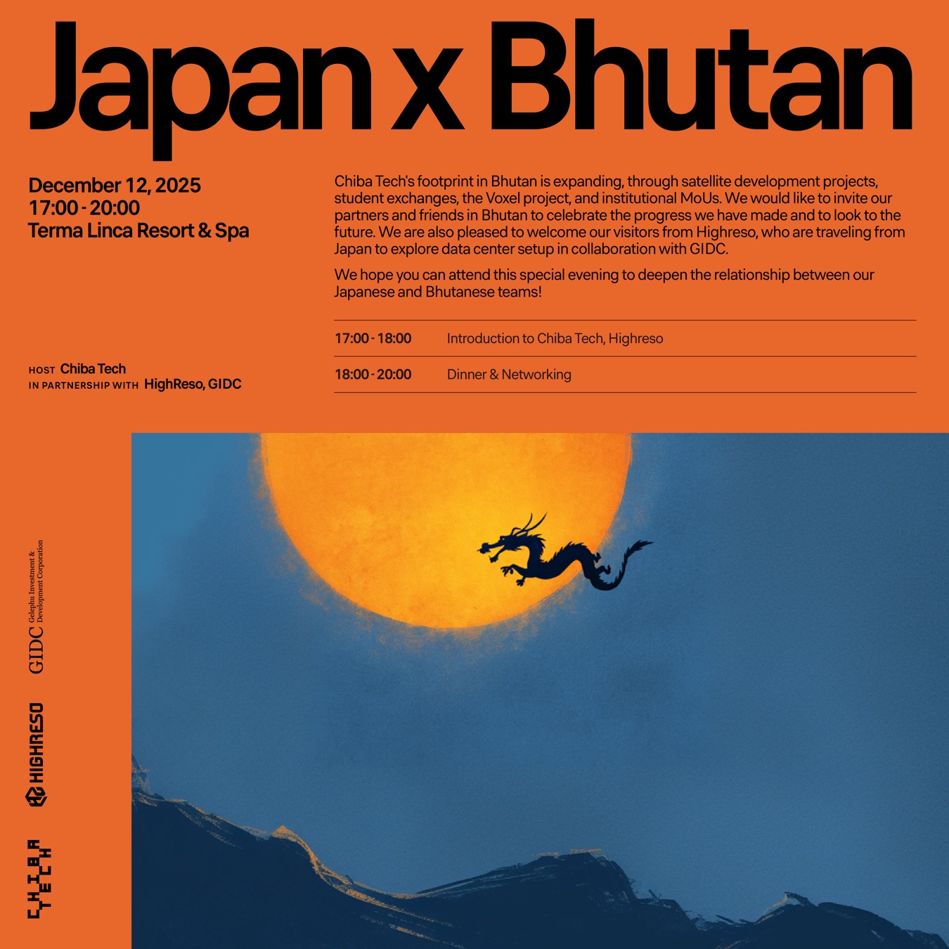 Invitation to the Japan x Bhutan evening on 12 December 2025 at Terma Linca Resort and Spa, hosted by Chiba Tech with Highreso and GIDC